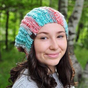 Handmade Aqua and Coral Pink Hat, Crochet Slouch Made in Canada